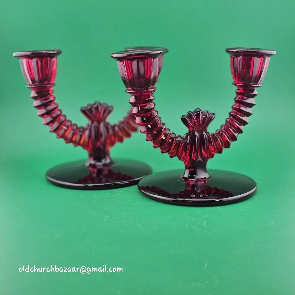 Set of 2 Paden City Ruby Red Glass Crows Foot Round Double Candle Holders